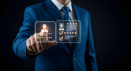 Businessman Evaluating Employee Performance with Digital Interface