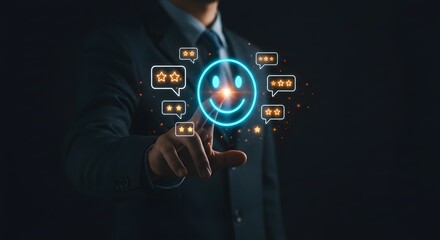 Businessman Touching Positive Customer Feedback, Reviews, Ratings, and Satisfaction Concept