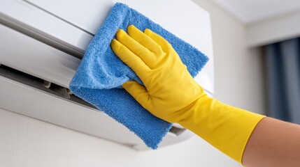 Person wearing yellow rubber gloves cleaning an air conditioning unit using a blue microfiber cloth for maintenance and hygiene.