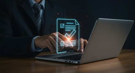 Businessman Using Laptop with Digital Checklist Interface