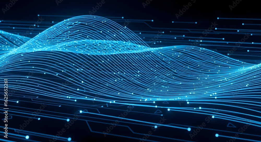 Poster an abstract representation of a digital network with blue lines and light points forming a wavy patt