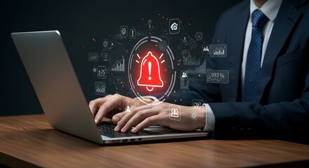 Businessman Working on Laptop with Red Alert Notification and Data Analytics
