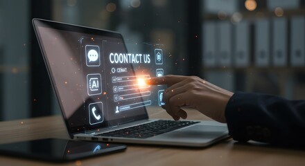 Contact Us Online: Futuristic Laptop Interface with AI Chatbot and Customer Support