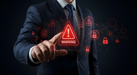 Cyber Security Warning Alert: Businessman Touching Futuristic Interface