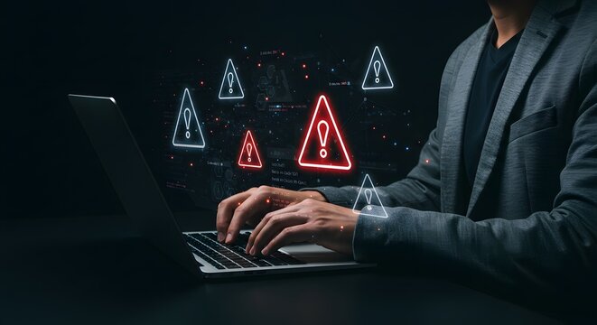 Cybersecurity Alert: Businessman Working on Laptop with Warning Signs