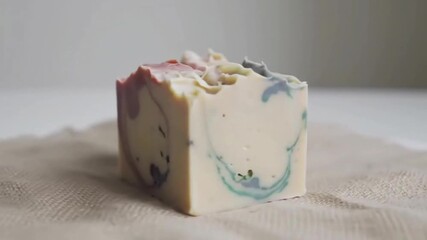 Colorful artisan soap bars on a neutral fabric background, showcasing unique marbling patterns