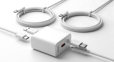 White usbc power adapter and cables isolated on white background