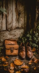 Aged leather satchel and shoes rest on autumn leaves near weathered wooden door