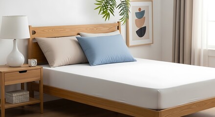 Comfortable bed with clean white sheets and pillows