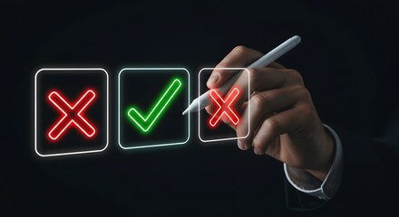 Hand Selecting Checkmark - Decision Making, Choice, Neon Checkboxes,  Business Concept