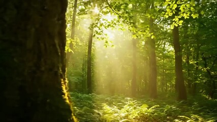 Sunlight streams through lush forest canopy creating vibrant natural scene perfect for nature documentaries and environmental projects