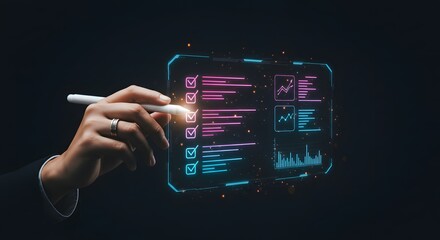 Hand Using Stylus on Futuristic Holographic Interface with Checklists and Charts