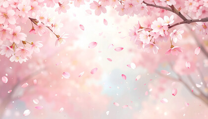 Fototapeta premium Cherry blossom petals floating on pink background