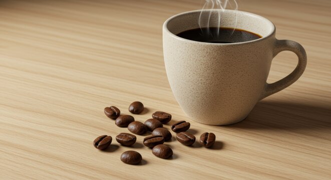 Hot coffee cup with steam and coffee beans on a wooden table for a cozy morning caffeine boost