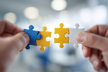 Two hands hold colorful puzzle pieces, close-up