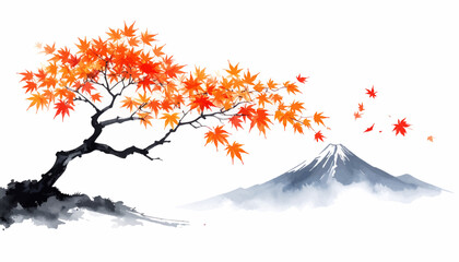 Fototapeta premium Autumn leaves with Mt. Fuji in Japanese style. Japanese maple tree with vibrant red leaves. Japanese art with colorful autumn foliage. Tranquil Japanese fall landscape with Mt. Fuji