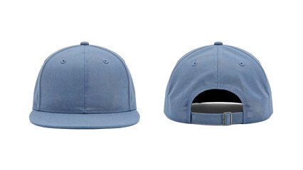 Fototapeta premium A plain light-blue baseball cap shown from both front and back views on a white background.