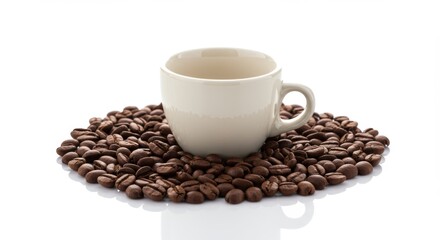 Fototapeta premium Elegant coffee cup resting on fresh roasted beans a minimalist and inviting caffeine indulgence on white
