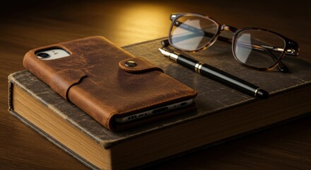 Vintage book with smartphone brown leather case, glasses, and pen on wooden table