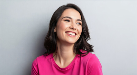 Happy Young Woman Smiling Looking Away Studio Portrait