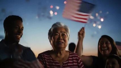 Elderly Woman Celebrating with American Flag at Patriotic Event - Powered by Adobe