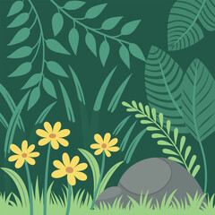 Fototapeta premium A flat shows green foliage, yellow flowers, and a gray stone