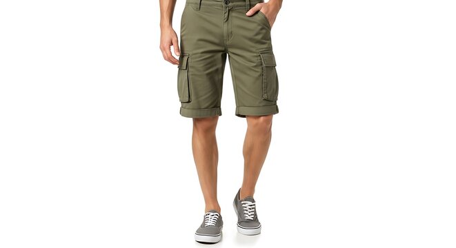 Man wearing green cargo shorts isolated on white background
