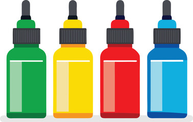 Four colorful ink bottles silhouette isolated on transparent background