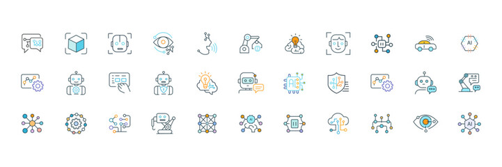 Fototapeta premium Artificial Intelligence editable thin line icons. AI technology vector graphic elements. Machine learning, autonomous and generative digital tech, algorithms
