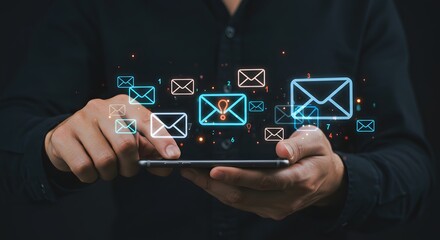Person using smartphone with digital email icons, communication concept