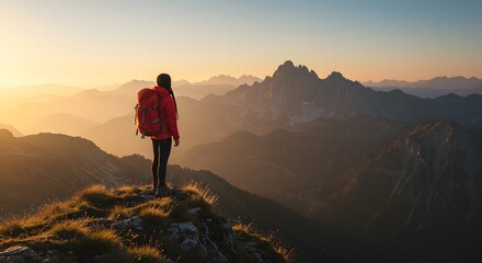 Fototapeta premium Woman hiker contemplates a breathtaking sunrise over majestic mountain ranges.