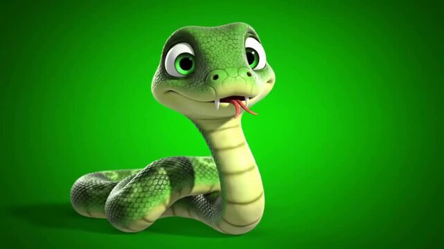 Cartoon snake with vibrant green scales and expressive eyes, posed against a bright green background