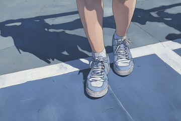 Close-up of light-blue sneakers on a paved surface, casting shadows