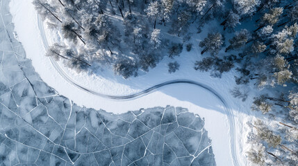 Frozen Serenity: An aerial panorama unveils an icy wonderland where a winding road meanders, embraced by frosted trees. capturing the tranquil embrace of winter.