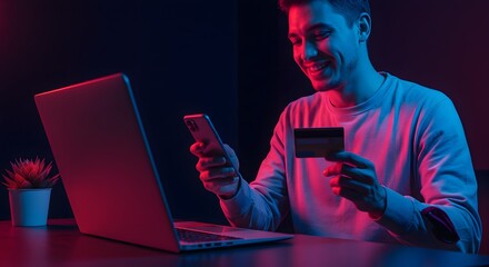 Smiling Man Making Online Payment with Credit Card and Smartphone