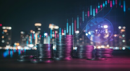 Stacks of Coins with Financial Growth Chart and City Lights Background