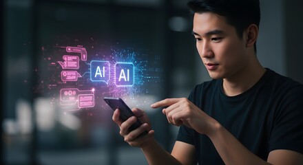 Young Man Using Smartphone with AI Interface, Artificial Intelligence Technology Concept