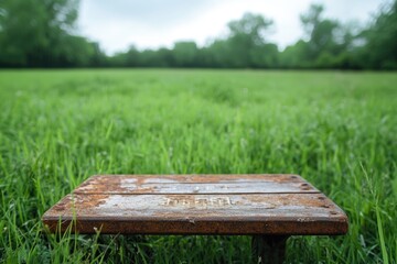 Fototapeta premium Empty wooden table in grassy field