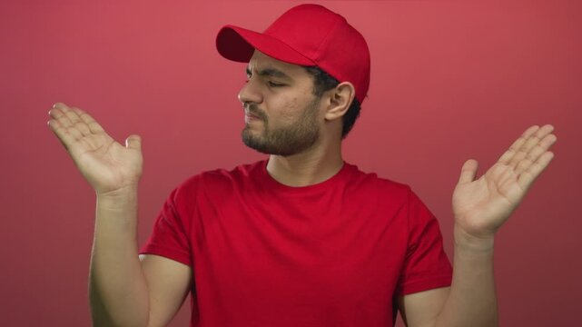 Man wearing red cap and t shirt holding both palms up facing camera in studio with puzzled expression; uncertainty.