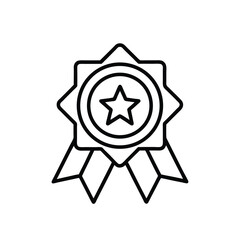 A simple black and white line art icon of a star award ribbon with a star in the center and ribbons hanging below.