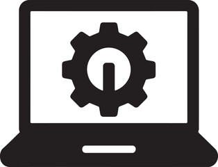 Silhouette of a laptop with gear symbol, ideal for representing system settings, software configuration, and IT tools.