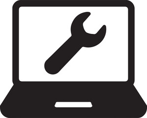 Silhouette of a laptop with a wrench symbol, representing computer repair, tech support, and system maintenance.