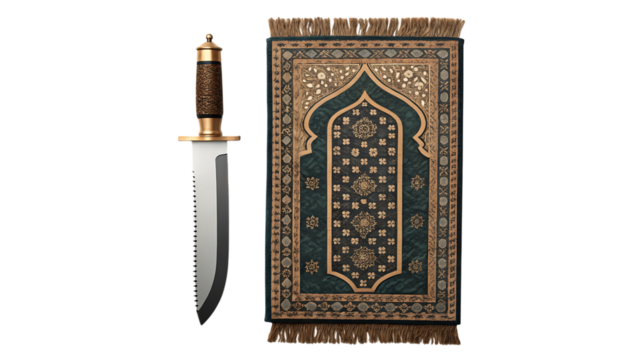 Ornate dagger and rug isolated on transparent background