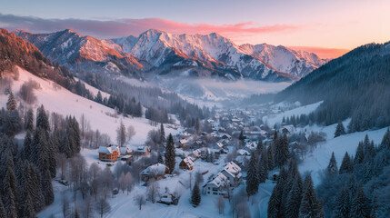 Serene Winter Village in the Mountains: A picturesque village nestles in a snowy valley, embraced by majestic, snow-capped mountains under a vibrant, pastel-hued sky.
