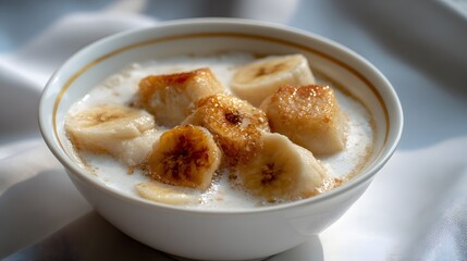 Fresh Bananas Topped with Creamy Milk in a Bowl on White Fabric