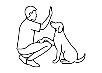 Charming continuous line art illustration of a man and his canine companion sharing a joyful high five moment