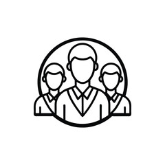 A stylized icon depicting three individuals in a circular frame, symbolizing teamwork, community, and group collaboration.