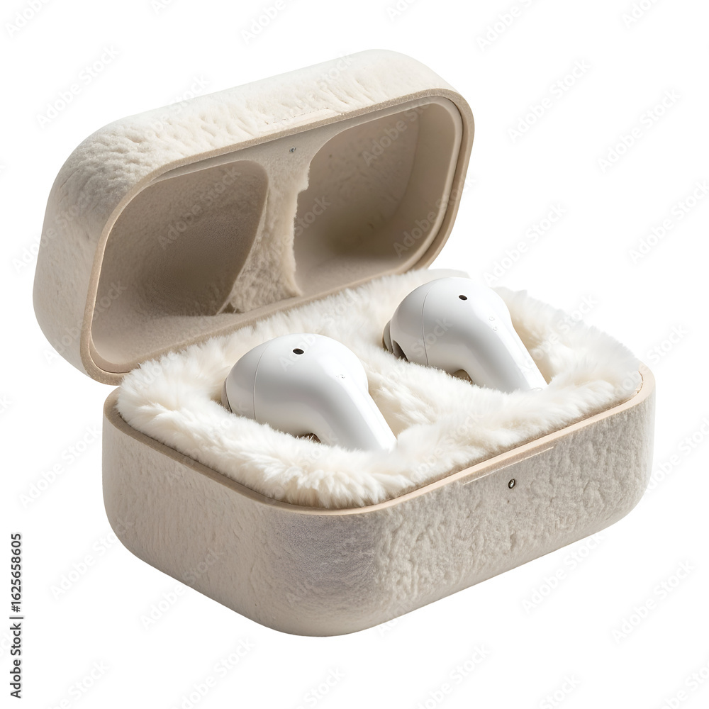 Poster modern wireless earbuds resting inside an open charging case showcasing a portable audio device with