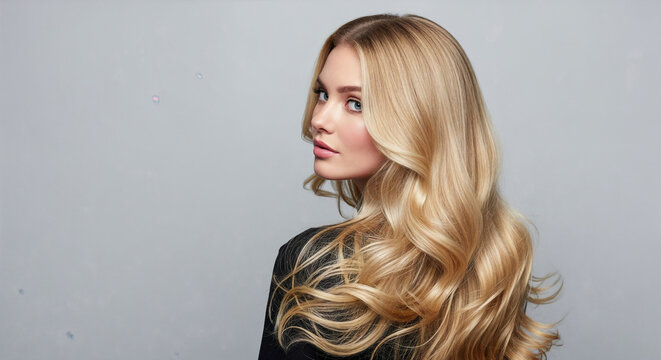 Beautiful Blonde Woman Long Wavy Hair Beauty Portrait Studio Shot