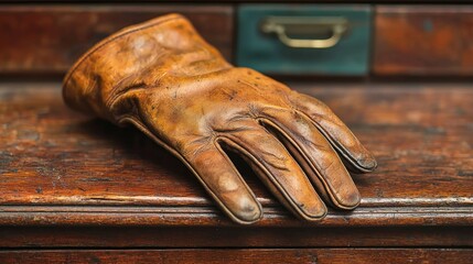 Aged leather work glove rests on a wooden surface